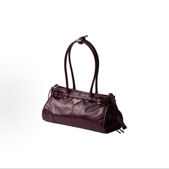 PRADA普拉达 Bonnie 珐琅⾦属三⻆形标志 ⼿提包 中号 ⼥款 勃⾉第红⾊